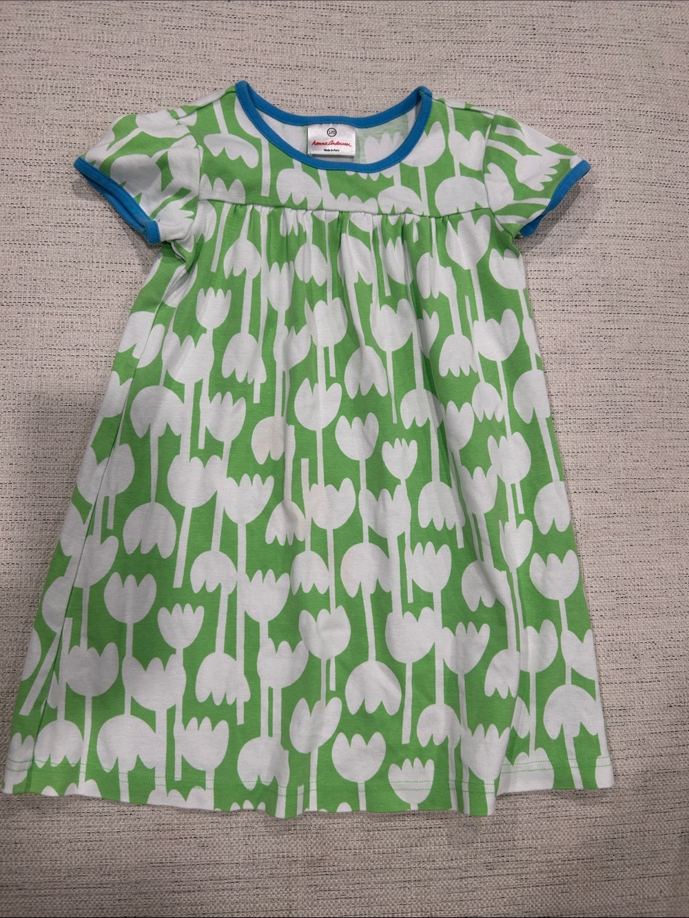 Hanna Andersson Green and White Floral Tulip Knit Dress with Blue Trim